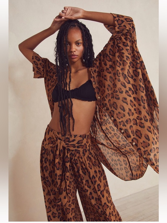 Free People Intimately FP Leopard Print Wake Up Flowing Tunic Shirt Brown XS - Picture 2 of 11